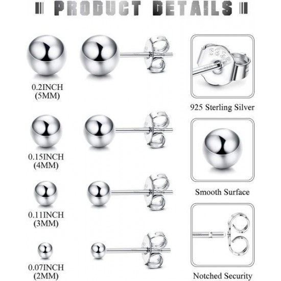 4 Pairs 925 Earrings For Women Girls Round Ball Small Stud Earrings Set 2; 3; 4; 5 Mm 4 Pairs 925 Earrings For Women Girls Round Ball Small Stud Earrings Set 2; 3; 4; 5 Mm